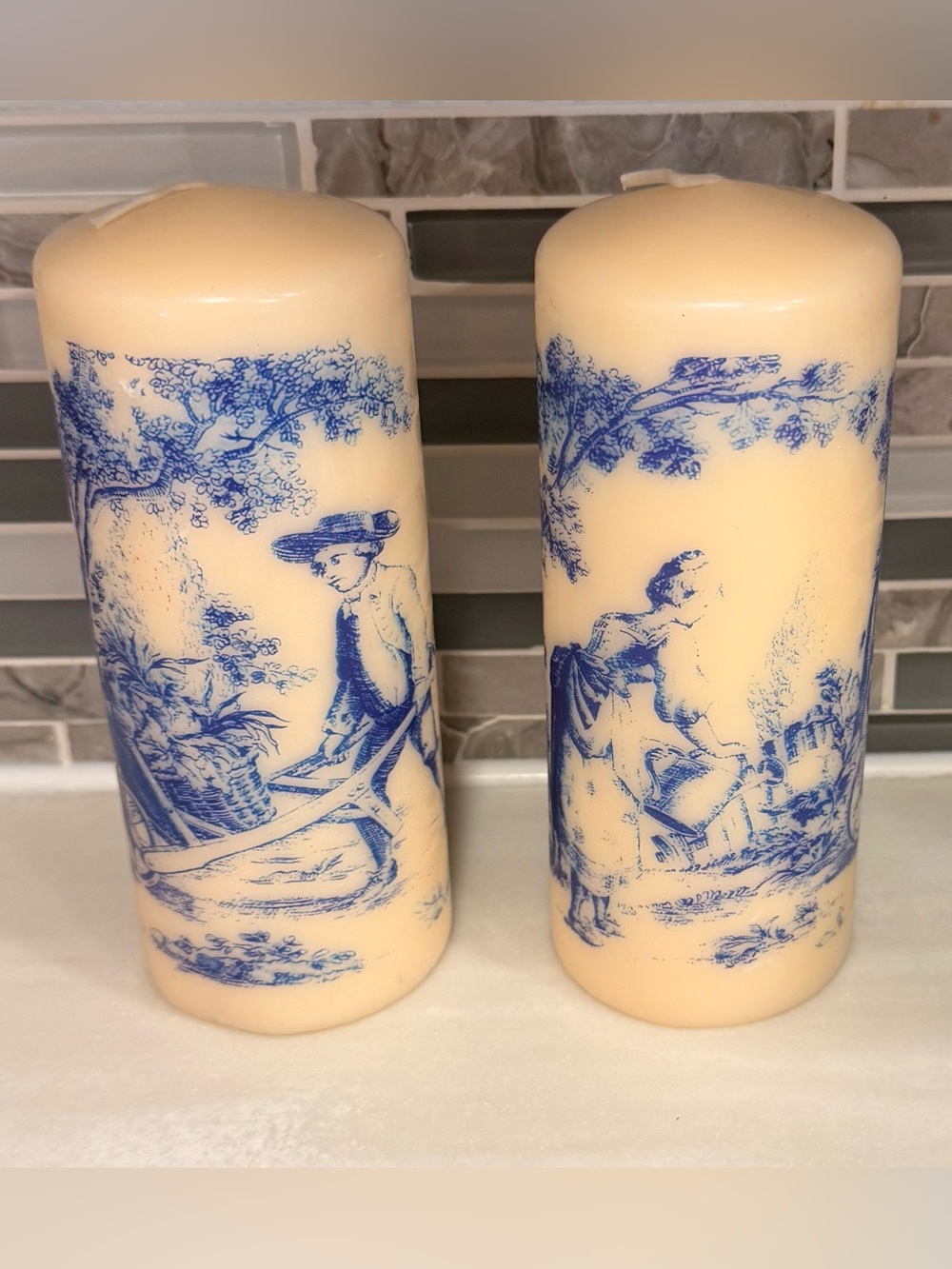 Vintage Rathborne Candles Decorative Pillar Pair Ivory Blue Toile de Jouy Wax